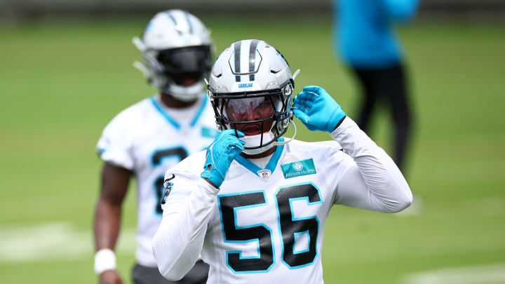 CHARLOTTE, NORTH CAROLINA - JUNE 04: Trevin Wallace #56 of the Carolina Panthers looks on during Carolina Panthers OTA Offseason Workout on June 04, 2024 in Charlotte, North Carolina.