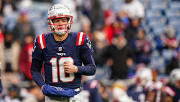 Jan 5, 2025; Foxborough, Massachusetts, USA; New England Patriots quarterback Drake Maye (10) warms up before the start of the game against the Buffalo Bills at Gillette Stadium. Mandatory Credit: David Butler II-Imagn Images