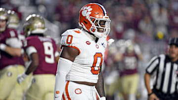 Oct 5, 2024; Tallahassee, Florida, USA; Clemson Tigers linebacker Barrett Carter (0) celebrates after a sack against the Florida State Seminoles during the first half at Doak S. Campbell Stadium. Mandatory Credit: Melina Myers-Imagn Images