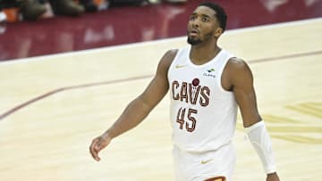 May 6, 2025; Cleveland, Ohio, USA; Cleveland Cavaliers guard Donovan Mitchell (45) walks on the court in the fourth quarter during game two of the second round of the 2025 NBA Playoffs against the Indiana Pacers at Rocket Arena. Mandatory Credit: David Richard-Imagn Images