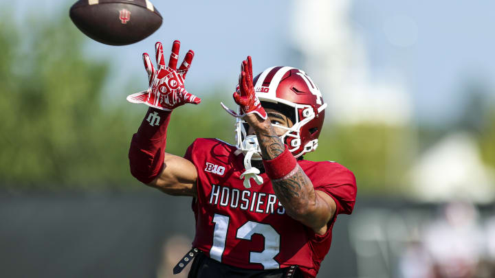 Indiana wide receiver Elijah Sarratt catches a pass during practice.