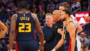 Jan 5, 2025; San Francisco, California, USA; Golden State Warriors head coach Steve Kerr and Sacramento Kings interim head coach Doug Christie react after a play with Sacramento Kings center Domantas Sabonis (11) and Golden State Warriors guard Stephen Curry (30) during the third quarter at Chase Center. Mandatory Credit: Kelley L Cox-Imagn Images