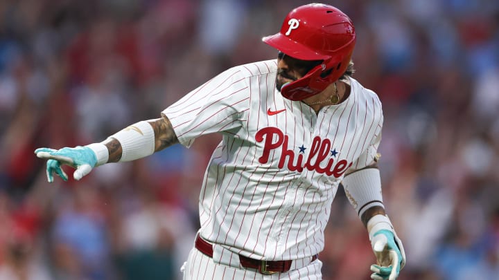 Aug 27, 2024; Philadelphia, Pennsylvania, USA; Philadelphia Phillies outfielder Nick Castellanos (8) reacts after hitting a three RBI home run during the third inning against the Houston Astros at Citizens Bank Park.