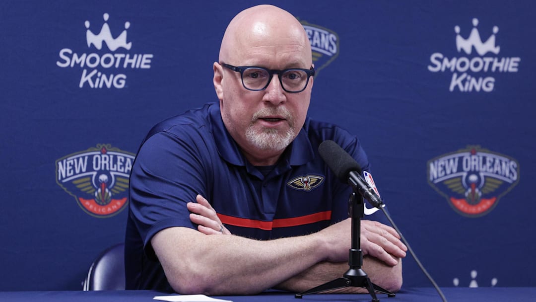 Sep 26, 2022; New Orleans, LA, USA; New Orleans Pelicans vice president of basketball operations David Griffin during a press conference at the New Orleans Pelicans Media Day from the Smoothie King Center Sep 26, 2022; New Orleans, LA, USA; New Orleans Pelicans vice president of basketball operations David Griffin during a press conference at the New Orleans Pelicans Media Day from the Smoothie King Center