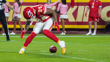 Oct 7, 2024; Kansas City, Missouri, USA; Kansas City Chiefs wide receiver Skyy Moore (24) drops a punt return against the New Orleans Saints during the first half at GEHA Field at Arrowhead Stadium. Mandatory Credit: Denny Medley-Imagn Images