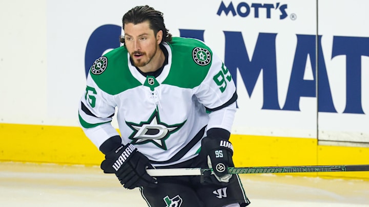 Dallas Stars center Matt Duchene skates during the warmup period against the Calgary Flames.