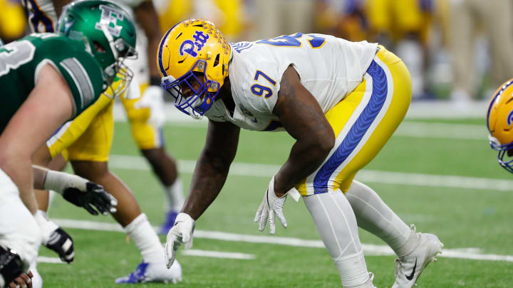 Dec 26, 2019; Detroit, Michigan, USA; Pittsburgh Panthers defensive lineman Jaylen Twyman (97) prepares for the snap during the third quarter against the Eastern Michigan Eagles at Ford Field. Mandatory Credit: Raj Mehta-USA TODAY Sports