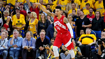 Jun 7, 2019; Oakland, CA, USA; Toronto Raptors guard Danny Green (14) reacts after making a three point basket during the fourth quarter against the Golden State Warriors in game four of the 2019 NBA Finals at Oracle Arena. Mandatory Credit: Kyle Terada-USA TODAY Sports