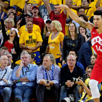 Jun 7, 2019; Oakland, CA, USA; Toronto Raptors guard Danny Green (14) reacts after making a three point basket during the fourth quarter against the Golden State Warriors in game four of the 2019 NBA Finals at Oracle Arena. Mandatory Credit: Kyle Terada-USA TODAY Sports