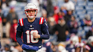 Jan 5, 2025; Foxborough, Massachusetts, USA; New England Patriots quarterback Drake Maye (10) warms up before the start of the game against the Buffalo Bills at Gillette Stadium. Mandatory Credit: David Butler II-Imagn Images