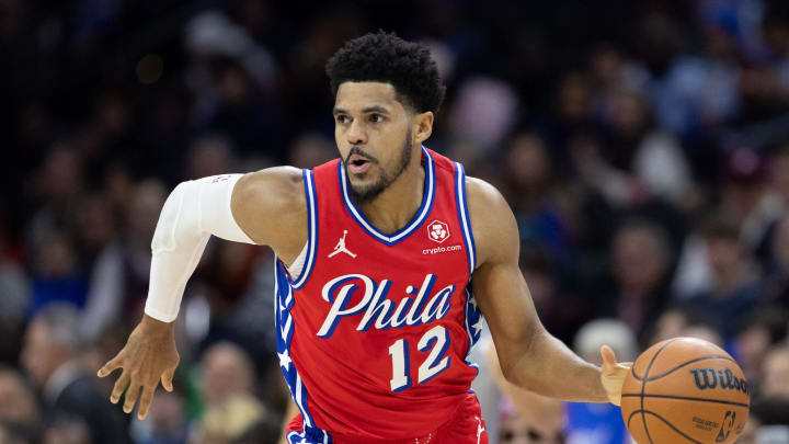 Dec 15, 2023; Philadelphia, Pennsylvania, USA; Philadelphia 76ers forward Tobias Harris (12) dribbles up court against the Detroit Pistons during the first quarter at Wells Fargo Center. Mandatory Credit: Bill Streicher-USA TODAY Sports