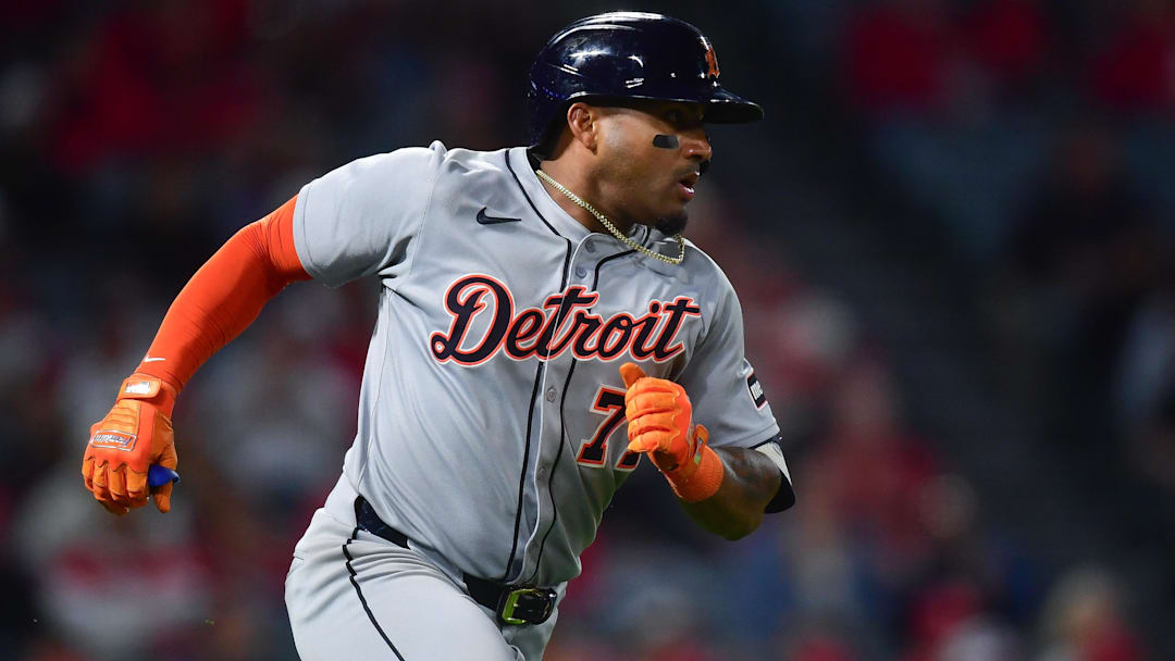 Detroit Tigers third baseman Andy Ibanez (77) runs after hitting an RBI single against the Los Angeles Angels during the eighth inning at Angel Stadium.