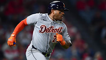 Detroit Tigers third baseman Andy Ibanez (77) runs after hitting an RBI single against the Los Angeles Angels during the eighth inning at Angel Stadium.