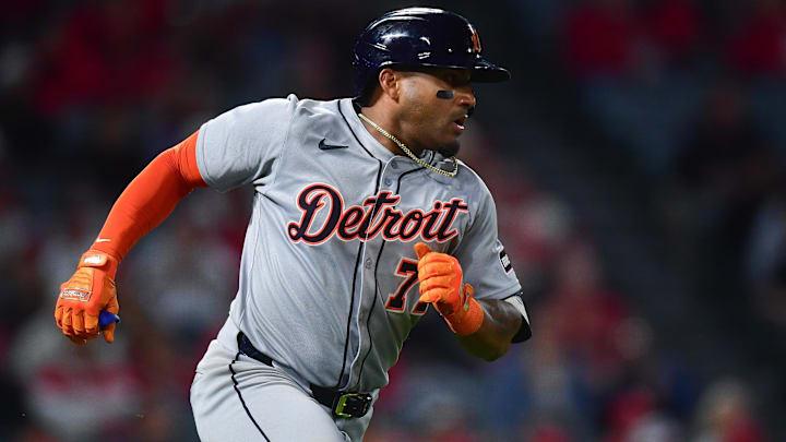 Detroit Tigers third baseman Andy Ibanez (77) runs after hitting an RBI single against the Los Angeles Angels during the eighth inning at Angel Stadium.