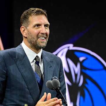 Aug 12, 2023; Springfield, MA, USA;  Dirk Nowitzki gives his speech as he is inducted into the 2023 Basketball Hall of Fame at Symphony Hall. Mandatory Credit: Eric Canha-Imagn Images