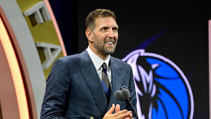 Aug 12, 2023; Springfield, MA, USA;  Dirk Nowitzki gives his speech as he is inducted into the 2023 Basketball Hall of Fame at Symphony Hall. Mandatory Credit: Eric Canha-Imagn Images