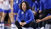 Mar 9, 2025; Greensboro, NC, USA;  Duke Blue Devils head coach Kara Lawson watches the play during the third quarter against NC State Wolfpack at First Horizon Coliseum. Mandatory Credit: Cory Knowlton-Imagn Images