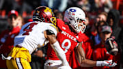 Nov 9, 2024; Piscataway, New Jersey, USA; Minnesota Golden Gophers defensive back Za'Quan Bryan (4) breaks up a pass intended for Rutgers Scarlet Knights wide receiver Ian Strong (9) during the first half at SHI Stadium. Mandatory Credit: Vincent Carchietta-Imagn Images