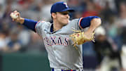Texas Rangers starting pitcher Jack Leiter (35) throws a pitch against the Cleveland Guardians during the first inning at Progressive Field. 