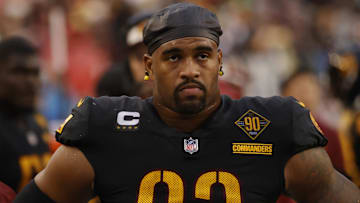 Nov 27, 2022; Landover, Maryland, USA; Washington Commanders defensive tackle Jonathan Allen (93) looks on from the bench against the Atlanta Falcons at FedExField. Mandatory Credit: Geoff Burke-Imagn Images