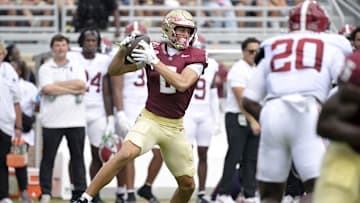 Aug 30, 2025; Tallahassee, Florida, USA; Florida State Seminoles wide receiver Duce Robinson (0) makes a catch against the Alabama Crimson Tide during the first half at Doak S. Campbell Stadium. Mandatory Credit: Melina Myers-Imagn Images