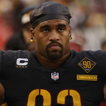 Nov 27, 2022; Landover, Maryland, USA; Washington Commanders defensive tackle Jonathan Allen (93) looks on from the bench against the Atlanta Falcons at FedExField. Mandatory Credit: Geoff Burke-USA TODAY Sports