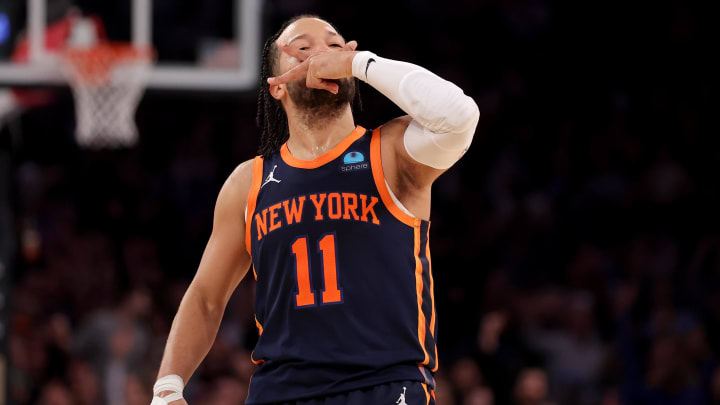 Jan 25, 2024; New York, New York, USA; New York Knicks guard Jalen Brunson (11) celebrates his three point shot against the Denver Nuggets during the third quarter at Madison Square Garden. Mandatory Credit: Brad Penner-USA TODAY Sports