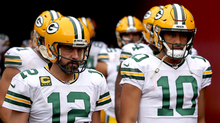 Aaron Rodgers and Jordan Love ahead of an NFL matchup between the Green Bay Packers and Washington Commanders