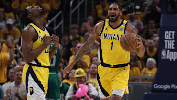 May 25, 2024; Indianapolis, Indiana, USA; Indiana Pacers forward Aaron Nesmith (23) and forward Obi Toppin (1) react during the first quarter of game three of the eastern conference finals against the Boston Celtics in the 2024 NBA playoffs at Gainbridge Fieldhouse. Mandatory Credit: Trevor Ruszkowski-Imagn Images