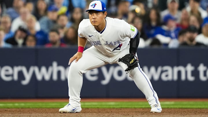 Mar 30, 2026; Toronto, Ontario, CAN; Toronto Blue Jays Kazuma Okamoto (7) looks on against the Colorado Rockies during the third inning at Rogers Centre. Mandatory Credit: Kevin Sousa-Imagn Images