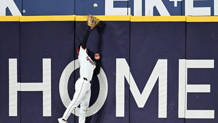 Oct 18, 2026; Cleveland, Ohio, USA;  Cleveland Guardians outfielder Steven Kwan (38) makes a catch for an out of the ball hit by Tampa Bay Rays outfielder Victor Mesa Jr. (not pictured) during the ninth inning in game five of the ALCS for the 2026 MLB Playoffs at Progressive Field.  Mandatory Credit: Ken Blaze-Imagn Images