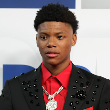 Jun 25, 2025; Brooklyn, NY, USA; Ace Bailey arrives before the first round of the 2025 NBA Draft at Barclays Center. Mandatory Credit: Brad Penner-Imagn Images