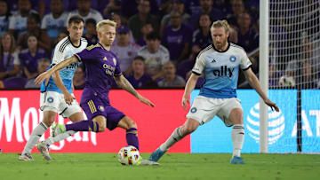 Nov 9, 2024; Orlando, Florida, USA; Orlando City midfielder Dagur Dan Thorhallsson (17) plays the ball in the first half against Charlotte FC in a 2024 MLS Cup Playoffs Round One match at Inter&Co Stadium. Mandatory Credit: Kim Klement Neitzel-Imagn Images
