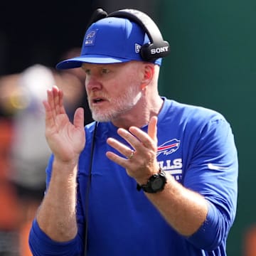 Sep 14, 2025; East Rutherford, New Jersey, USA; Buffalo Bills head coach Sean McDermott during the second half at MetLife Stadium. Mandatory Credit: Robert Deutsch-Imagn Images