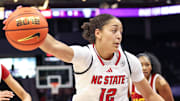 Nov 9, 2025; Charlotte, North Carolina, USA; NC State Wolfpack forward Khamil Pierre (12) controls the ball against the Southern California Trojans during the second quarter of the Ally Tipoff game at Spectrum Center. Mandatory Credit: Cory Knowlton-Imagn Images