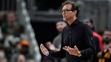 Atlanta Hawks head coach Quin Snyder reacts against the Milwaukee Bucks.