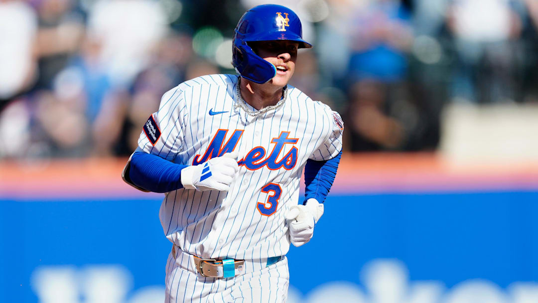 Carson Benge, of the New York Mets rounds the bases after hitting his first MLB home-run, in his first game, Thursday, March 26, 2026.
