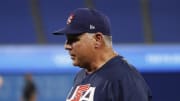 Aug 7, 2021; Yokohama, Japan; USA manager Mike Scioscia reacts against Japan during the seventh inning in the baseball gold medal match during the Tokyo 2020 Olympic Summer Games at Yokohama Baseball Stadium. Mandatory Credit: Yukihito Taguchi-USA TODAY Sports