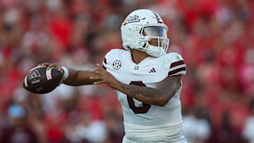 Oct 12, 2024; Athens, Georgia, USA; Mississippi State Bulldogs quarterback Michael Van Buren Jr. (0) throws a pass against the Georgia Bulldogs in the third quarter at Sanford Stadium. Mandatory Credit: Brett Davis-Imagn Images