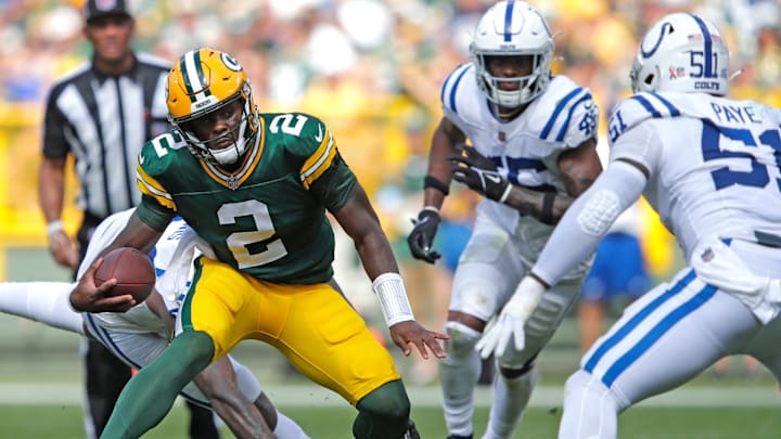 Green Bay Packers quarterback Malik Willis (2) runs for a gain against the Indianapolis Colts during their football game Sunday, September 15, 2024, at Lambeau Field in Green Bay, Wisconsin.