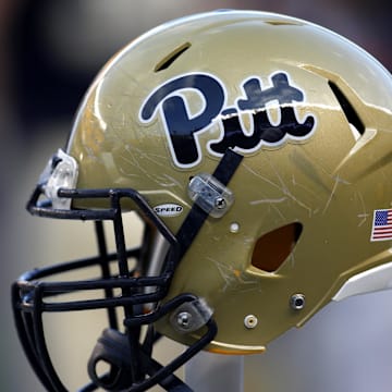 Oct 25, 2014; Pittsburgh, PA, USA; Detail view of the revamped logo on a Pittsburgh Panthers helmet as it sits on the sidelines against the Georgia Tech Yellow Jackets during the third quarter at Heinz Field. Georgia Tech won 56-28. Mandatory Credit: Charles LeClaire-Imagn Images