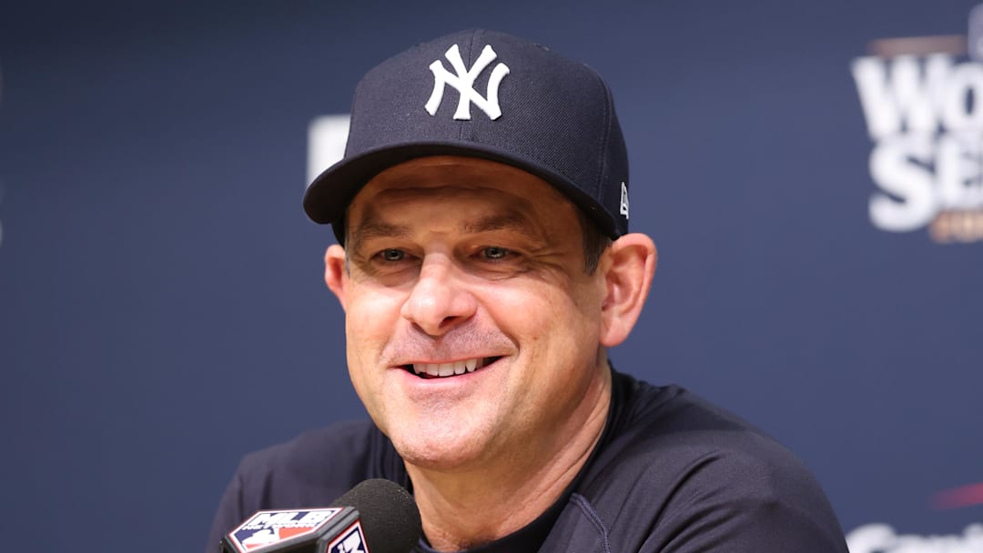 Oct 25, 2024; Los Angeles, California, USA; New York Yankees manager Aaron Boone (17) talks with the media before the game against the Los Angeles Dodgers during game one of the 2024 MLB World Series at Dodger Stadium. Mandatory Credit:  Kiyoshi Mio-Imagn Images