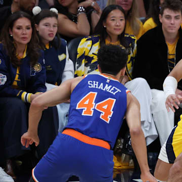 May 31, 2025; Indianapolis, Indiana, USA; Indiana Pacers guard Andrew Nembhard (2) dribbles the ball against New York Knicks guard Landry Shamet (44) in thex fourth quarter during game six of the eastern conference finals for the 2025 NBA Playoffs at Gainbridge Fieldhouse. Mandatory Credit: Trevor Ruszkowski-Imagn Images
