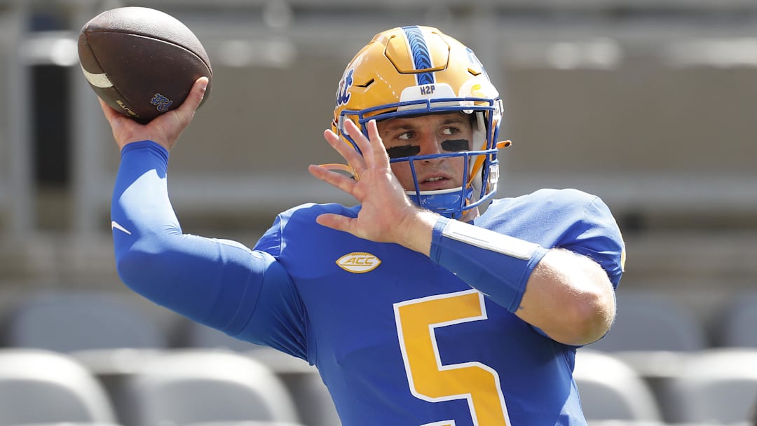 Sep 2, 2023; Pittsburgh, Pennsylvania, USA; Pittsburgh Panthers quarterback Phil Jurkovec (5) warms
