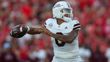 Oct 12, 2024; Athens, Georgia, USA; Mississippi State Bulldogs quarterback Michael Van Buren Jr. (0) throws a pass against the Georgia Bulldogs in the third quarter at Sanford Stadium. Mandatory Credit: Brett Davis-Imagn Images