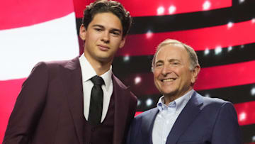 Jun 27, 2025; Los Angeles, California, USA; Carter Bear is selected as the 13th overall pick to the Detroit Red Wings in the first round of the 2025 NHL Draft at Peacock Theater. Mandatory Credit: Kirby Lee-Imagn Images