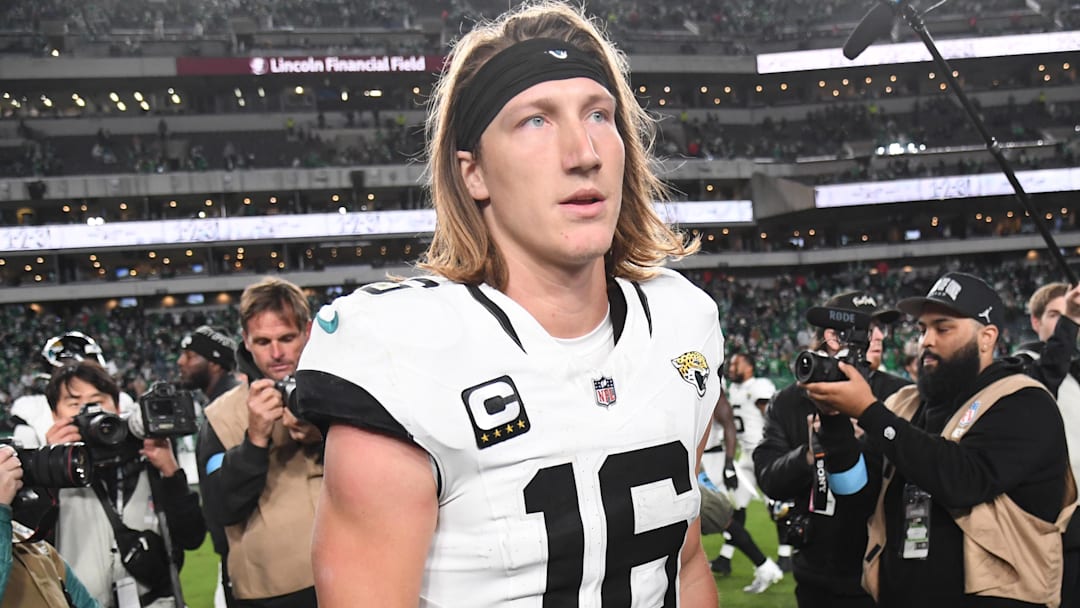 Nov 3, 2024; Philadelphia, Pennsylvania, USA; Jacksonville Jaguars quarterback Trevor Lawrence (16) on the field after loss to the Philadelphia Eagles at Lincoln Financial Field. Mandatory Credit: Eric Hartline-Imagn Images