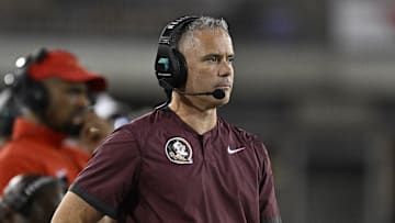 Sep 28, 2024; Dallas, Texas, USA; Florida State Seminoles head coach Mike Norvell during the game between the Southern Methodist Mustangs and the Florida State Seminoles at Gerald J. Ford Stadium. Mandatory Credit: Jerome Miron-Imagn Images