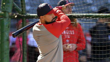 Apr 6, 2024; Anaheim, California, USA; Los Angeles Angels third base Anthony Rendon (6) takes batting practice prior to the game against the Boston Red Sox at Angel Stadium. Mandatory Credit: Jayne Kamin-Oncea-USA TODAY Sports