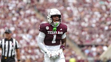 Sep 6, 2025; College Station, Texas, USA; Texas A&M Aggies safety Bryce Anderson (1) celebrates after stopping a two-point conversion during the first quarter against the Utah State Aggies at Kyle Field. Mandatory Credit: Sean Thomas-Imagn Images